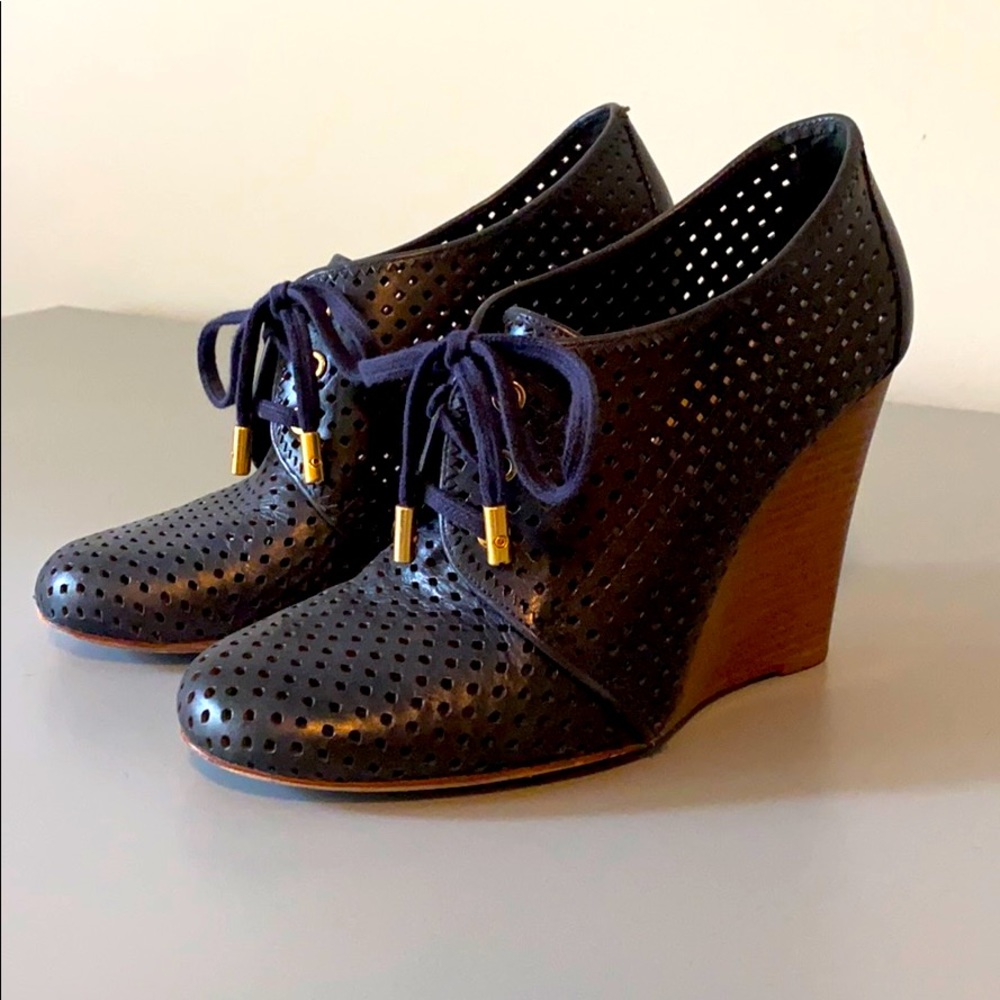 Tory Burch Navy Blue Perforated Leather Wedges